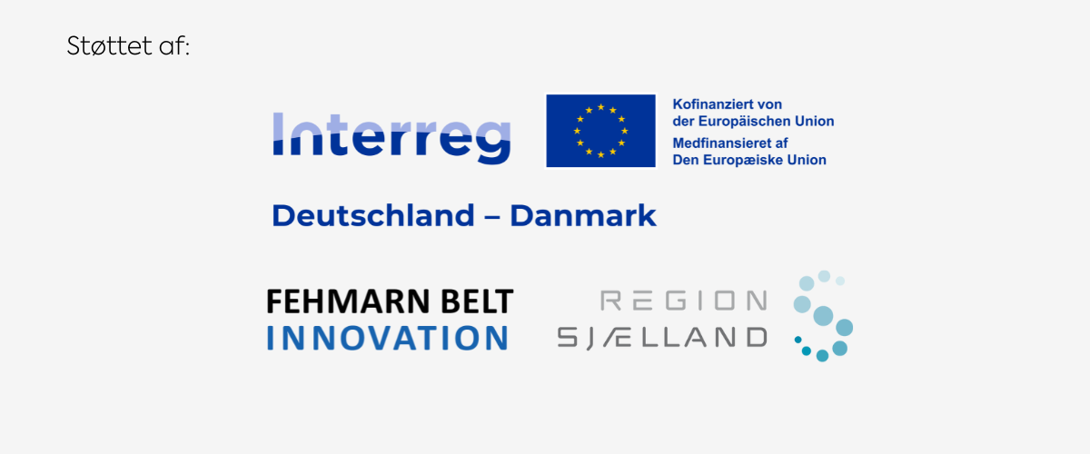 Logo der viser projektet er støttet af: Interreg (medfinansieret af Den Europæiske Union, Fehmarn Belt Innovation og Region Sjælland.